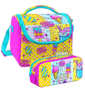 Coral High Mixed Dondurma Desenli Kız Çocuk Isı Yalıtımlı Beslenme Çantası ve Kalemlik Seti