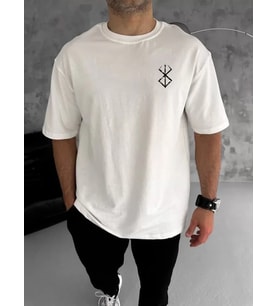 pilelistore- Unisex Bisiklet Yaka Baskılı Oversize T-Shirt - Beyaz