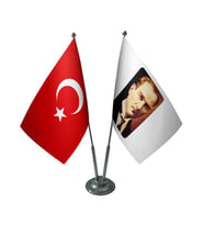 Masa Üstü Atatürk Bayrağı Türk Bayrağı İkili Krom Direk Masa Bayrak Seti