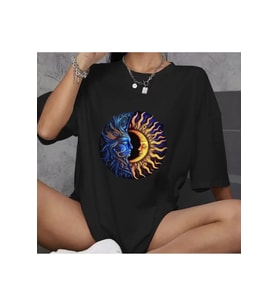 Unisex Bisiklet Yaka Baskılı Oversize T-Shirt - Siyah