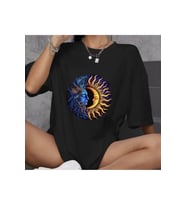 Unisex Bisiklet Yaka Baskılı Oversize T-Shirt - Siyah