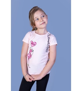 Toontoy Kız Çocuk Flamingo Desenli Taş İşlemeli Baskılı Tişört (Pudra)