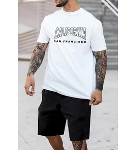 Unisex California Baskılı Şort Takım (Beyaz)