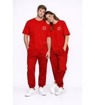 Sevgili Kombini Çift Tişört Oversize Unisex Uyumlu Çift Kombin 2'li Set (Kırmızı)