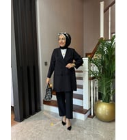Casual Blazer Ceket Pantolon Takım Double Krep Kumaş Tesettür Giyim ST2187 (Siyah)