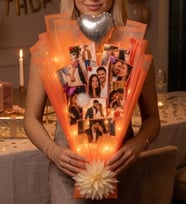 Turuncu Anı Buketi Kişiye Özel 9 Fotoğraflı LED Işıklı Kalp Balonlu Hediye – Sevgiliye & Flörte Özel
