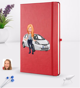 BK Gift Kişiye Özel Plakalı Kadın Honda Jazz Karikatürlü Kırmızı Termo Deri Defter 16x24cm Model 1