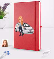 BK Gift Kişiye Özel Plakalı Kadın Honda Jazz Karikatürlü Kırmızı Termo Deri Defter 16x24cm Model 1