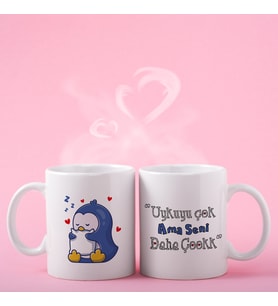 Uykuyu Çok Ama Seni Daha Çookk Baskılı Penguen Porselen Kahve / Çay Bardağı