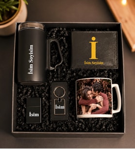 Kişiye Özel Premium Kutu Termos Bardak Aksesuar Seti Erkek Cüzdan Metal Cakmak Metal Anahtarlık Çay Ve Nescafe Fincanı