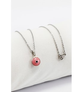 Çerçeveli Pembe Nazar Boncuklu Bijuteri Kolye (Çelik Zincir 60 cm), Gümüş Renkli