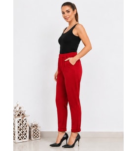 Kadın Esnek Krep Kumaş Duble Paça Beli Lastikli Kırmızı Pantolon