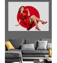 Pin-Up Kırmızı Elbiseli Kadın Dekoratif Kanvas - Mdf Ahşap Tablo