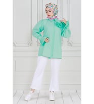 Gül Broşlu Kolu Fırfırlı Tunik-Yeşil