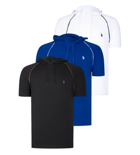 ÜÇLÜ SET T8570 DEWBERRY KAPŞONLU ERKEK T-SHIRT-SİYAH-BEYAZ-SAKS (Karışık)
