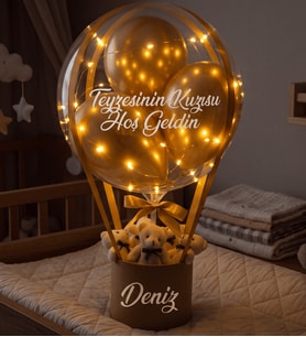 Kişiye Özel İsimli Led Işıklı Uçan Balon Ayıcık Kutusu - Gold Seri Bebek Tebrik Hediyesi