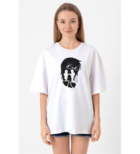 Erased Anime Black White Silhoette Beyaz Kadın Oversize Tshirt