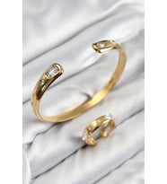 Pirinç Zirkon Taşlı Ayrık Model Gold Renk Bileklik Yüzük Set - TJ-BB7605