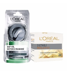 L'Oreal Paris Nemlendirici Krem 3 Etkili 50 ml ve Yüz Maskesi Saf Kil Tek Kullanımlık Set