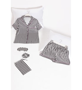 5'li Siyah Beyaz Çizgili Saten Pijama Şort Takım