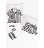 5'li Siyah Beyaz Çizgili Saten Pijama Şort Takım