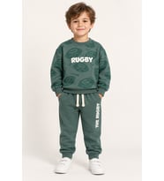 Erkek Çocuk Rugby Topu Baskılı Pamuklu Sweatshirt ve Pantolon Eşofman Takımı Ak119