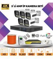5'li Güvenlik IP Kamera Seti - 4MP Dış Mekan Kamera, 3.6mm Lens, H.265, PoE, Warm Led Gece Görüşlü (Beyaz)