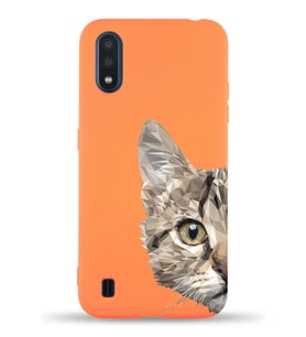 Samsung Galaxy A01 Uyumlu Lansman Kılıf Catface Tasarımlı İçi Kadife Kapak-Turuncu (Şeffaf)