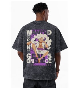Wanted Monkey D. Luffy Gear 5 One Piece Anime Baskılı Unisex Oversize Eskitme Yıkamalı Tişört