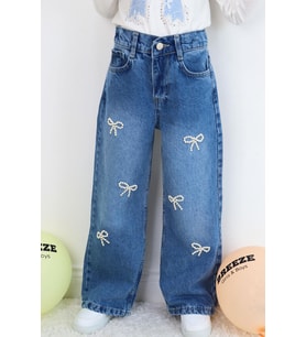 Breeze Kız Çocuk Jean Pantolon İnci Detaylı Fiyonk İşlemeli 5-9 Yaş, Mavi