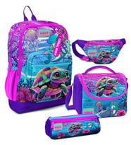 Coral High Kız Çocuk Pembe Mor Kaplumbağa Desenli İlkokul Okul Çanta Seti ve Bel Çantası (Çok Renkli)