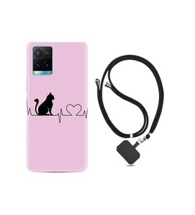 Vivo Y32 Kılıf Desenli Silikon Boyun Askılı Pink Cat Heart 1303