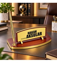 BK Gift Kişiye Özel Kalemli Ahşap Masa İsimliği Gold Plakalı BK26 -5