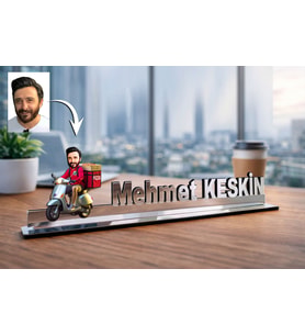 Kişiye Özel Kurye Karikatürlü 30 cm Ayna Pleksi Masaüstü İsimlik - Kurye Hediyesi Yeni İş ve Meslek Hediyesi