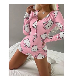 Arias Closet Pamuklu Pembe Hello Kitty Desenli Düğmeli Uzun Kol Tulum Pijama