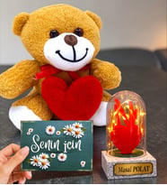 Led Işıklı Kişiye Özel Fanus ve Kalpli Peluş Ayıcık Hediye Seti (Model 7)