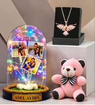 Size Özel Tasarım Hediye Sepeti Led Işıklı Fanus, Peluş Anahtarlık ve Anka Kuşu Kolye