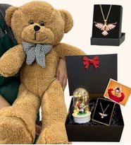 Zümdürü Anka Kuşu Kolyeli Fotoğraflı Premium Set - Büyük Kahverengi Peluş Ayıcıklı (Model 3)