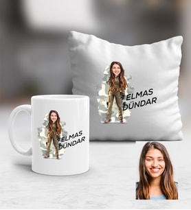 Kişiye Özel Karikatürlü Kadın Asker Kupa ve Yastık Hediye Seti Asker Sevgiliye Doğum Günü Hediyesi (Beyaz)