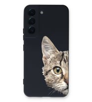 Samsung Galaxy S22 Uyumlu Lansman Kılıf Catface Tasarımlı İçi Kadife Kapak-Koyu Mavi (Şeffaf)
