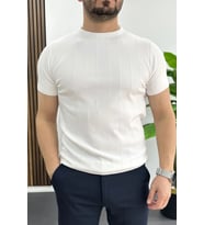 Erkek Bisiklet Yaka Çizgili Tişört Beyaz Edw456