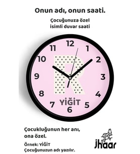 İsme Özel R Harfli Pembe Çocuk Odası Duvar Saati Orta Boy 30 cm Siyah Camlı Sessiz