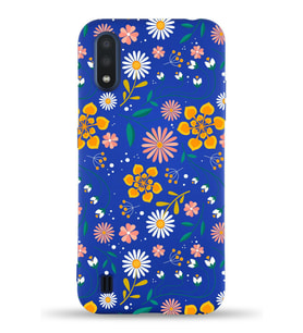 Samsung Galaxy A01 Uyumlu Lansman Kılıf Çiçek Tasarımlı İçi Kadife Kapak-Lacivert (Şeffaf)