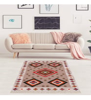 Kilim Desenli Etnik Dijital Baskı Yıkanabilir Kaymaz Taban Modern Salon Halı ve Yolluk (Bej)