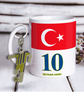 BK Gift Kişiye Özel Sarı-Lacivert Tasarımlı Kupa Bardak ve Formalı Metal Anahtarlık Hediye Seti Model 1