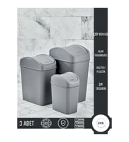 Modern 3'lü Kapaklı Çöp Kovası Seti, Farklı Boyutlarda, Gri
