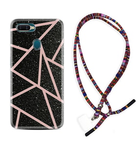 Oppo A5S A15 A16 A54 A55 A73 A74 Kılıf Boyun Asklı Rasta Silikon Pembe Şeritli Mermer 1312