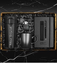 Kişiye Özel Termo Deri Defter & Siyah Kupa & 400 ML Çelik Termos & Deri Kılıflı Touch Pen Kalem & Kişiye Özel Çakmak Hediye Seti