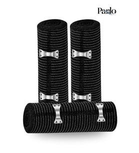 Parlo Siyah Elastik Bandaj 20 cm x 1,5 m 3’lü Set – %300 Esnek, 4,5 m’ye Kadar Uzayan, Metal Kancalı Destek ve Sargı Bandajı