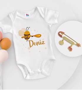 BK Kids Kişiye Özel İsimli Beyaz Bebek Body Zıbın ve Kız Bebek İğnesi Hediye Seti-35